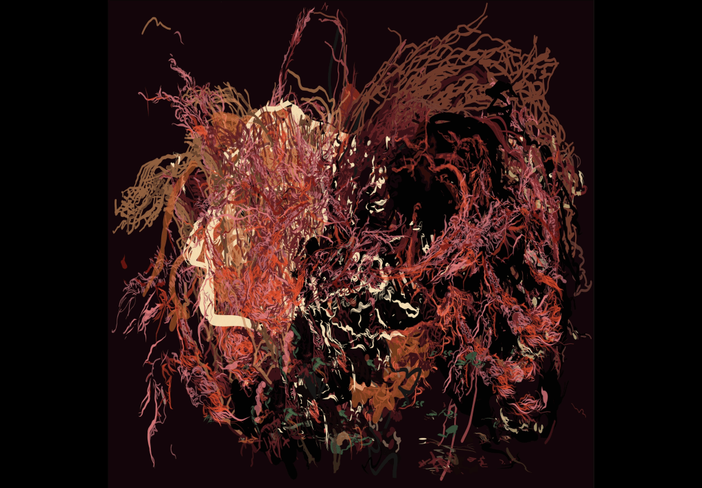 A mass of seaweed and sea grasses looking like a beating human heart. The colours are reds and pinks and greens on a rich black background. Drawn by artist Jenny Potts Barr. 